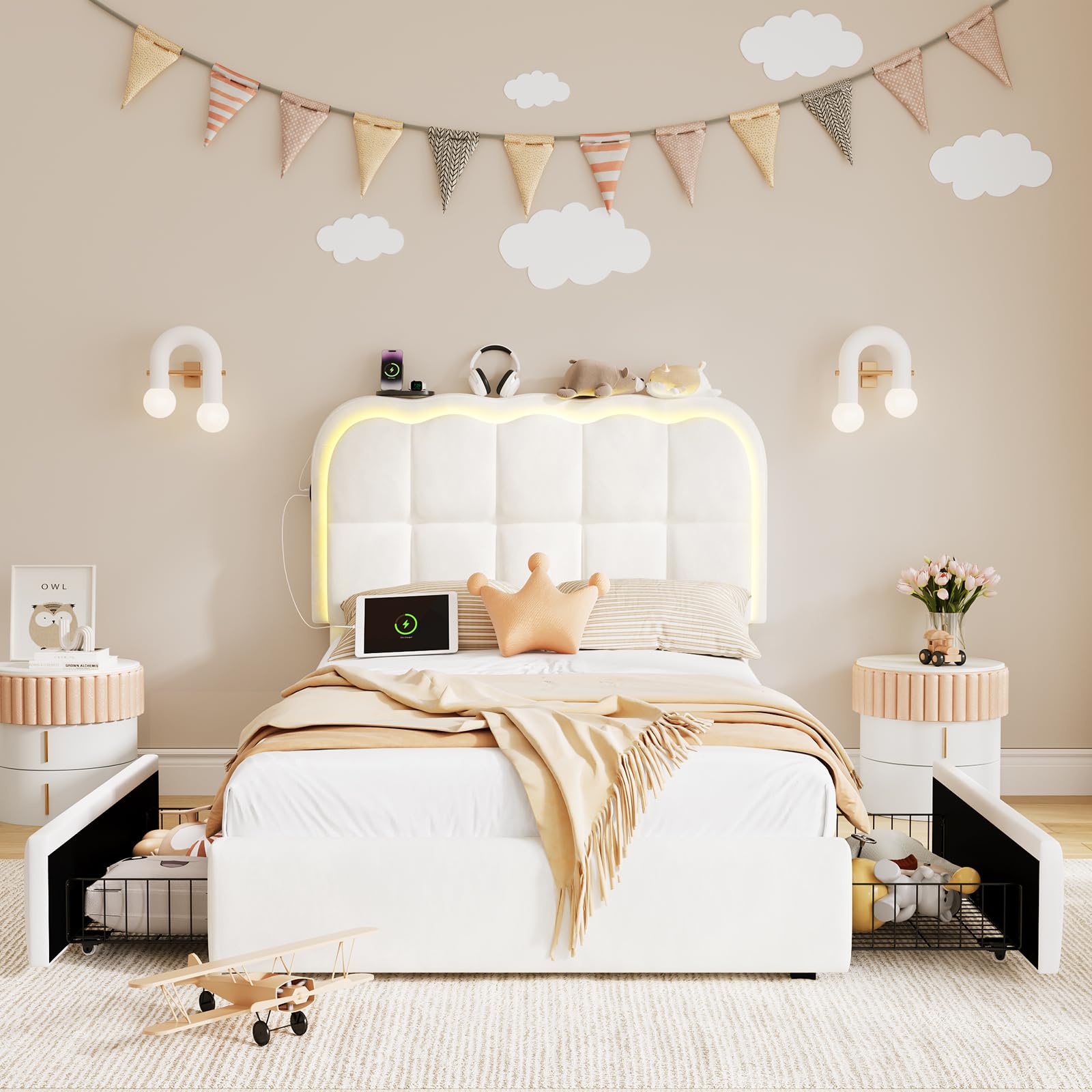 Twin Velvet Platform Bed with Storage & LED Headboard