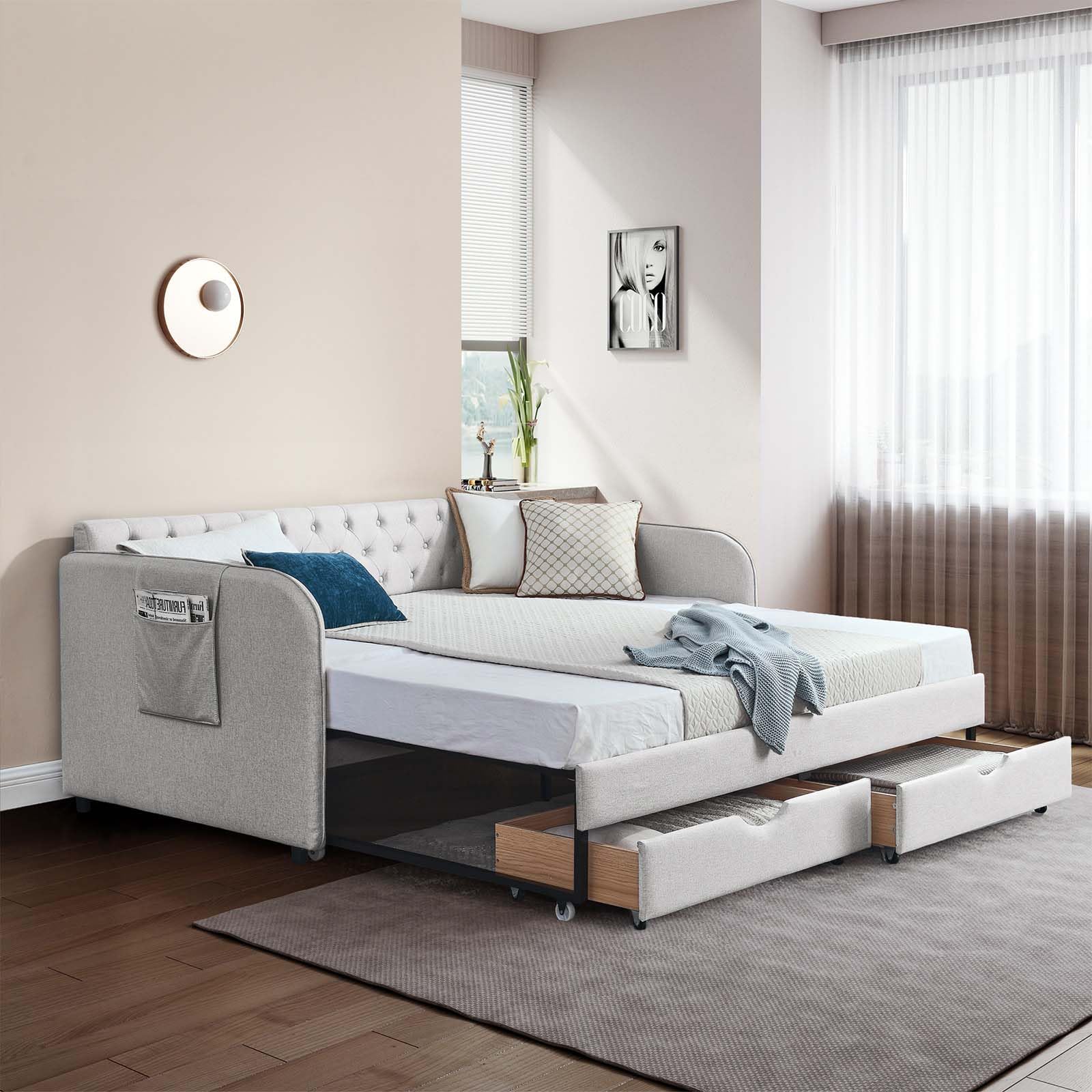 80.5" Tufted Linen Daybed with Trundle and Storage Drawer