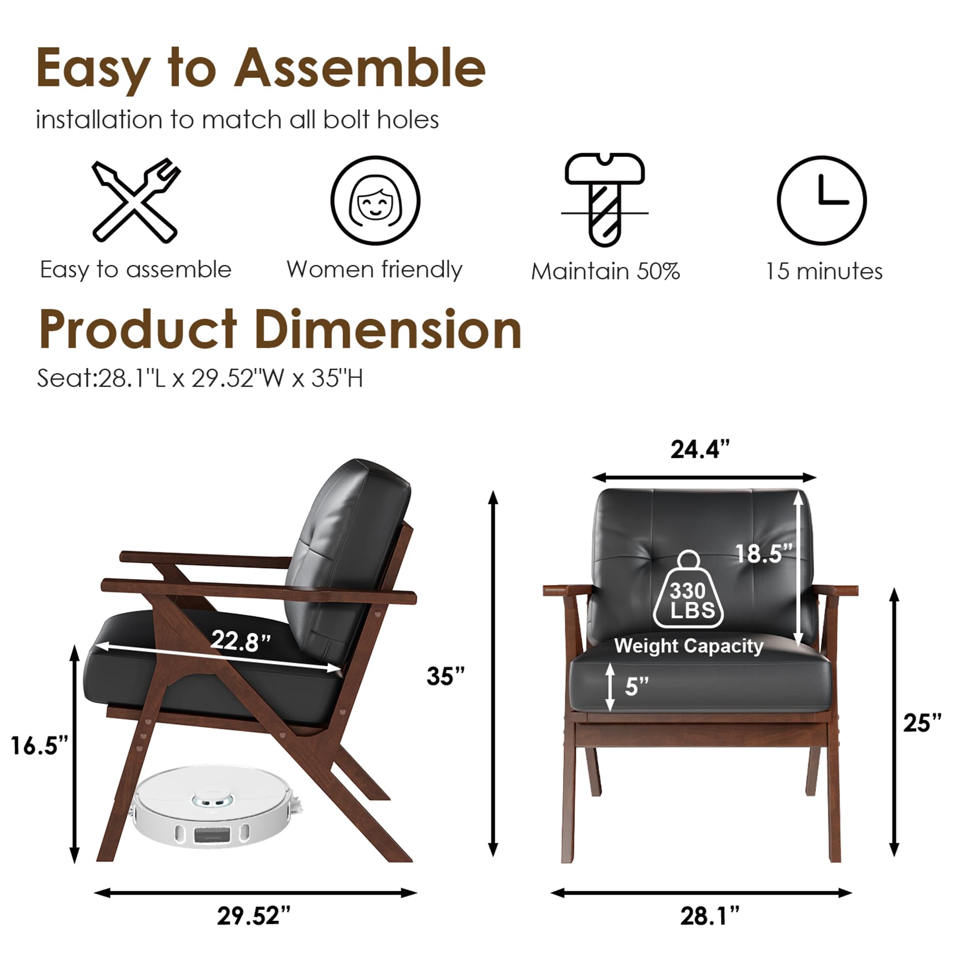 Black Leather Office Accent Chair Set of 2 with Wooden Arms