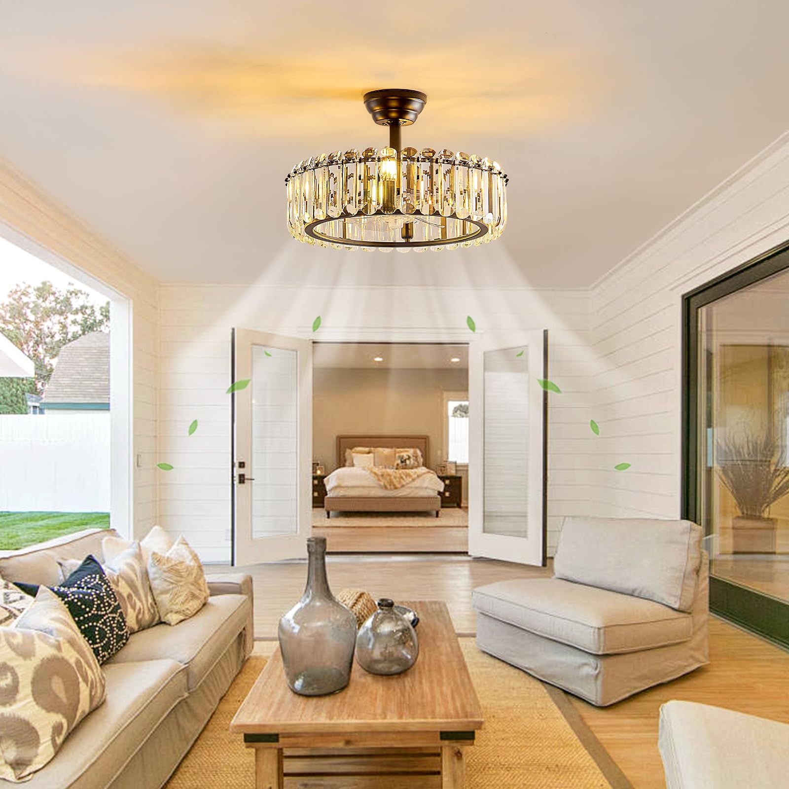 19.7 Inch Black Caged Crystal Ceiling Fan with Light