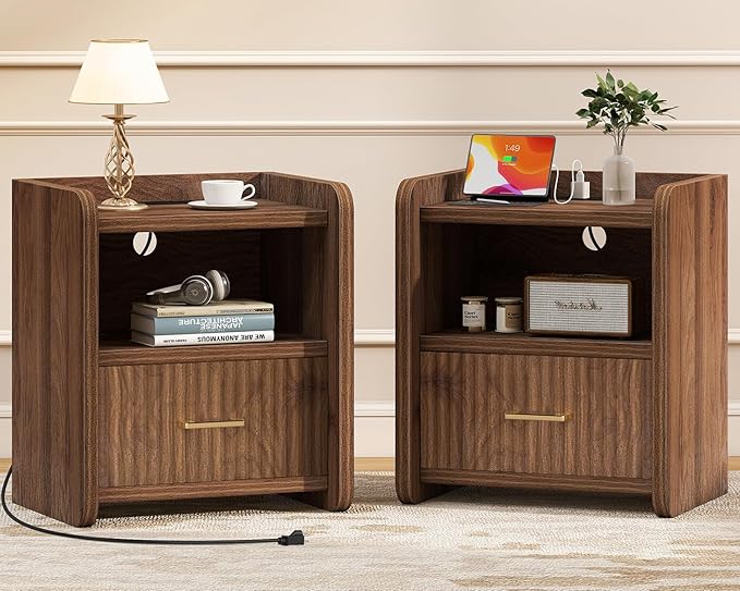 Night Stand with Charging Station and Drawer Storage