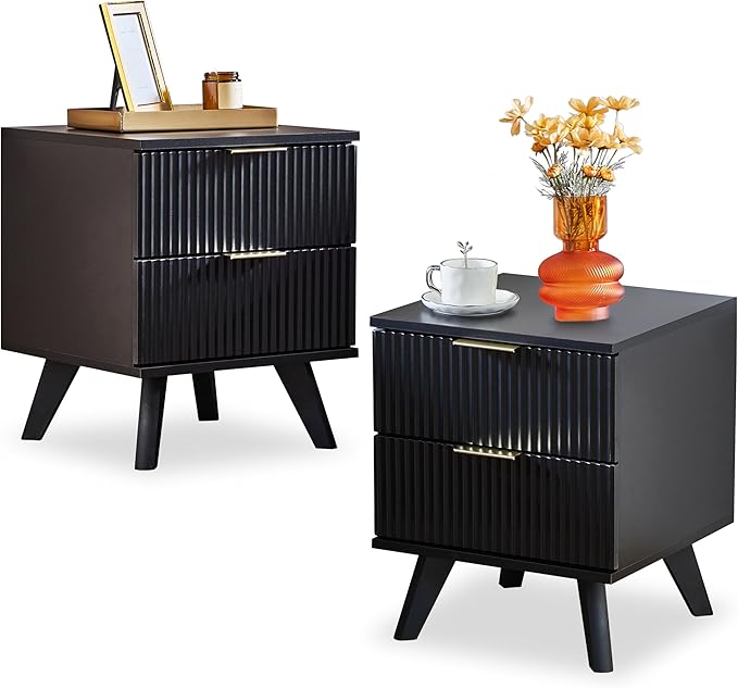 Fluted Nightstand Set of 2 with 2 Drawers
