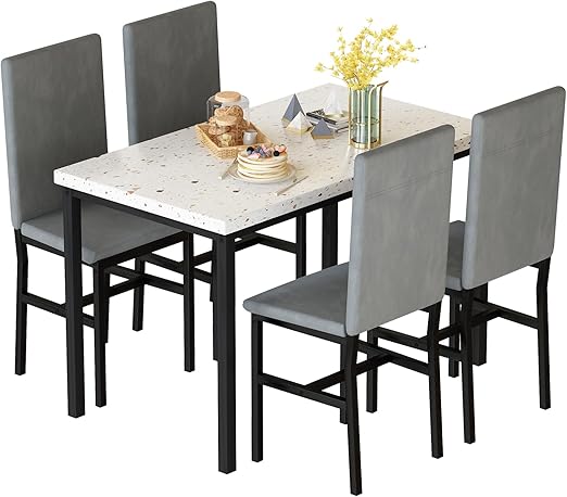 5-Piece Faux Marble Dining Table Set with 4 Chairs