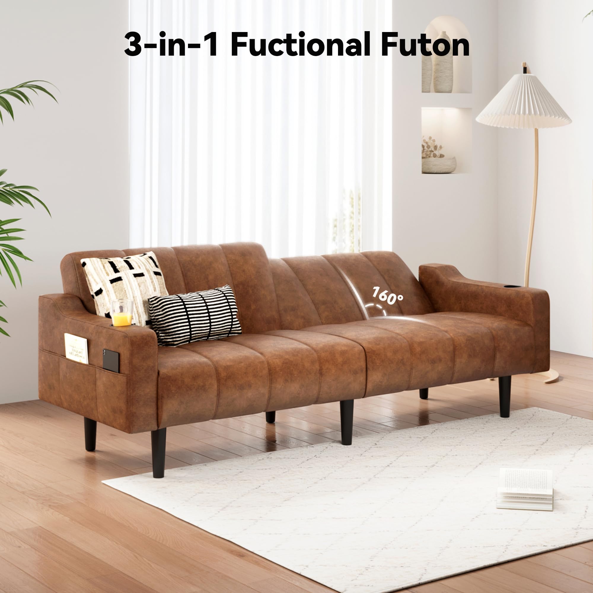 80" Faux Leather Futon Sofa Bed with Adjustable Backrest