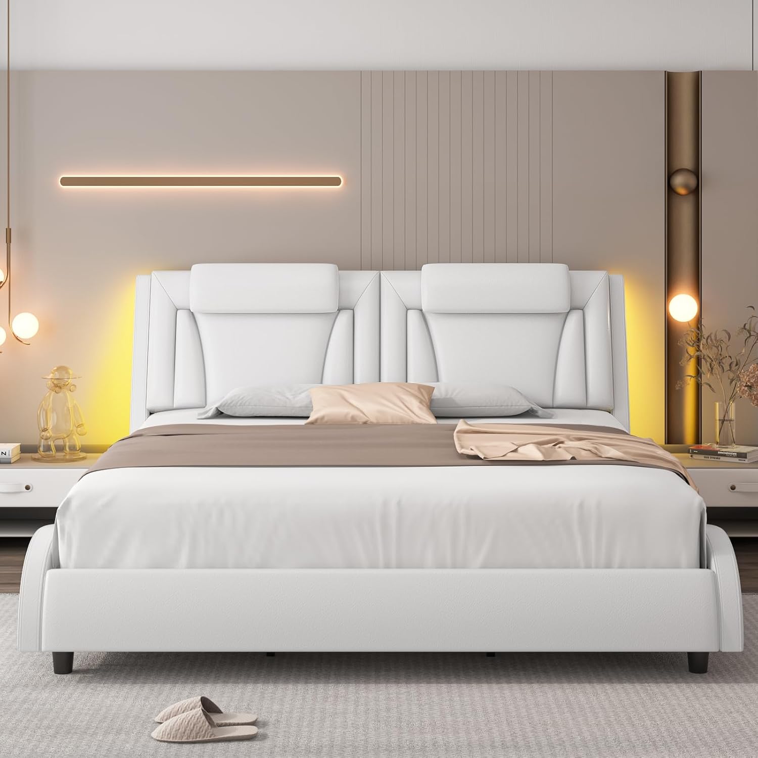 Modern Upholstered Platform Bed Frame with Adjustable LED Headboard - Queen