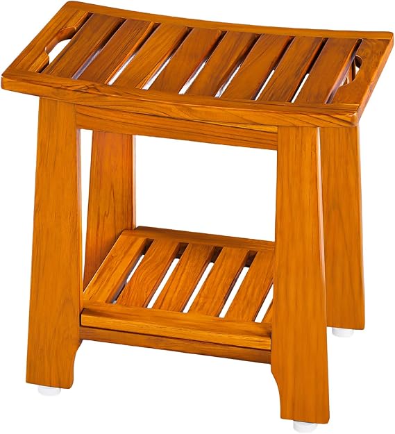 Compact Teak Shower Stool with Shelf and Handle