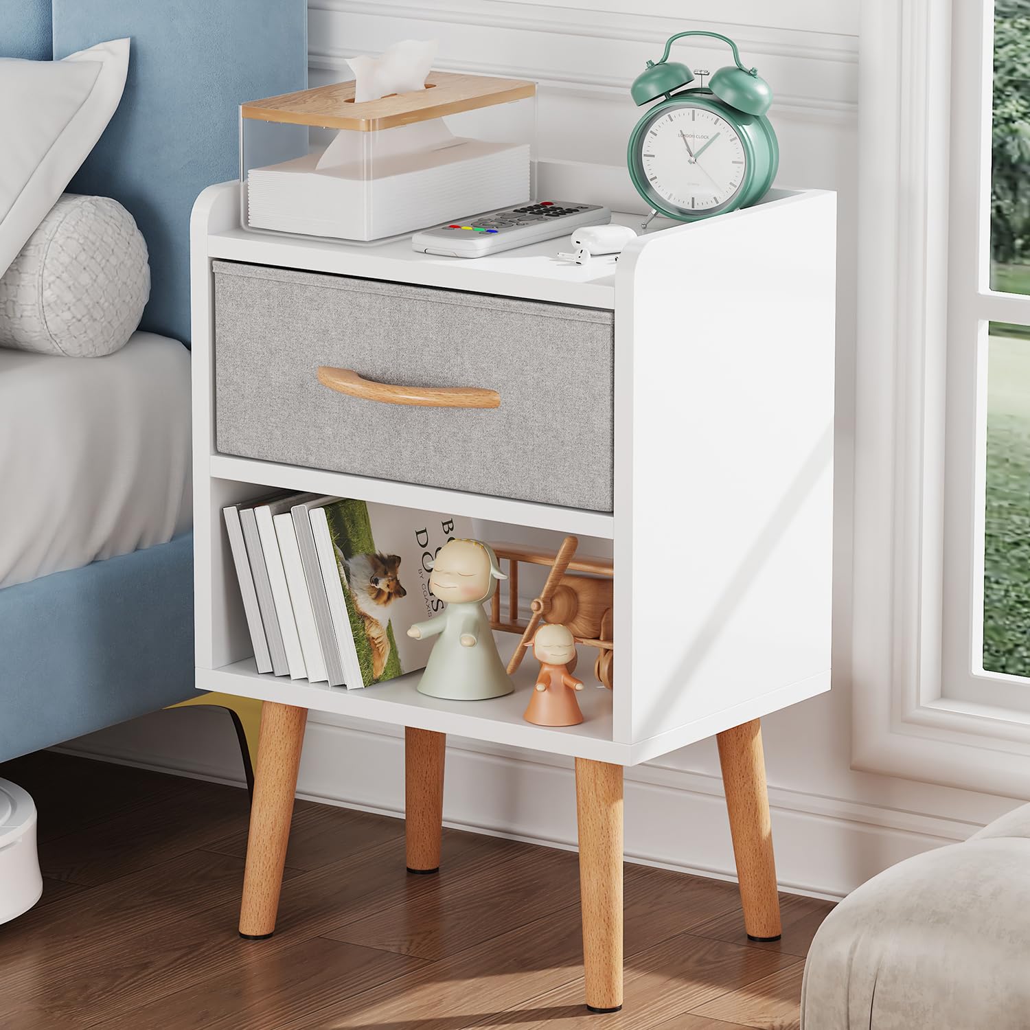 White Mid Century Modern Nightstand with Drawer