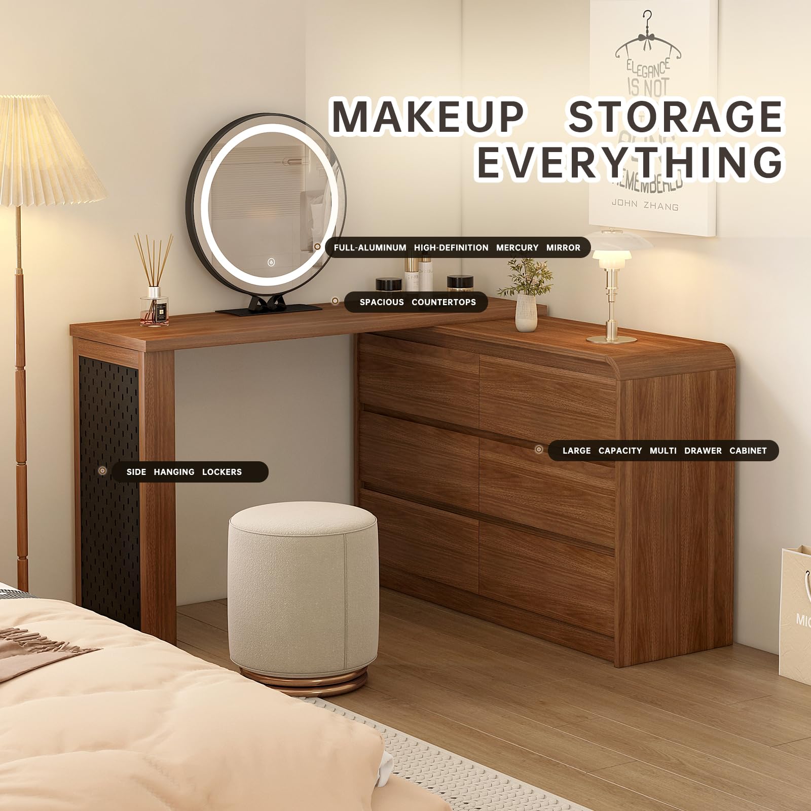 L-Shape Vanity Desk with LED Mirror and Lights - 6 Drawer Makeup Dresser