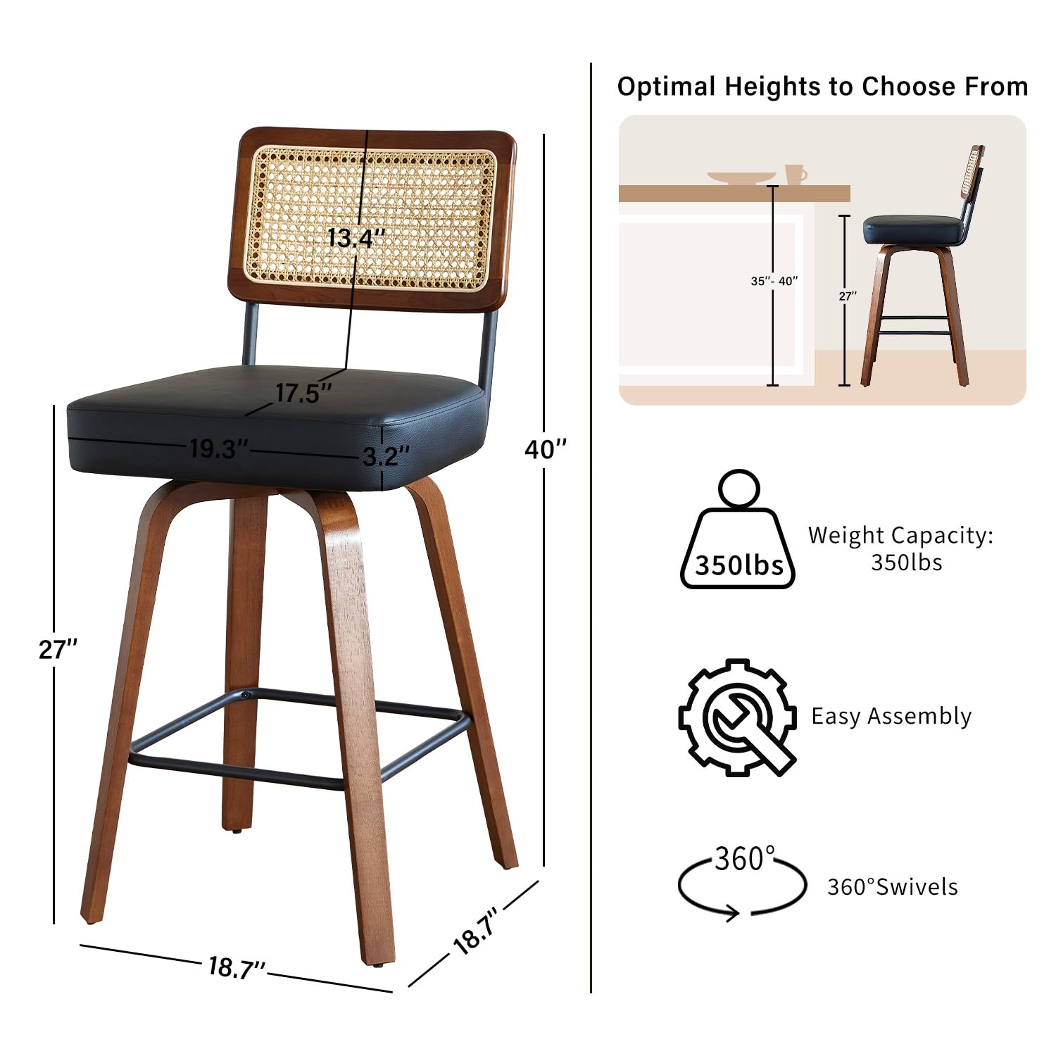 Swivel Counter Height Bar Stools Set of 3 with Rattan Back