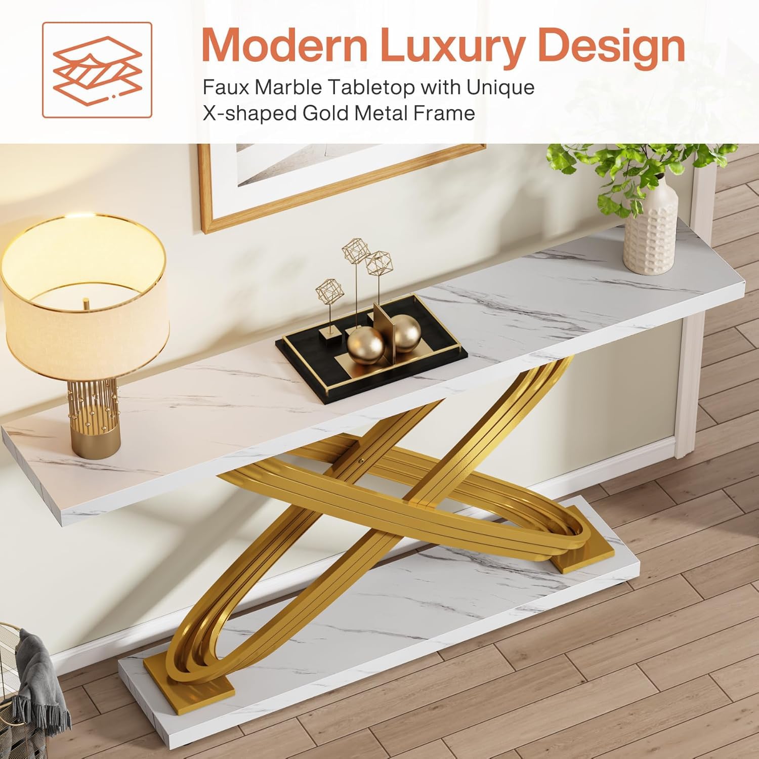 55 Inch Modern Console Table with Gold Metal Frame