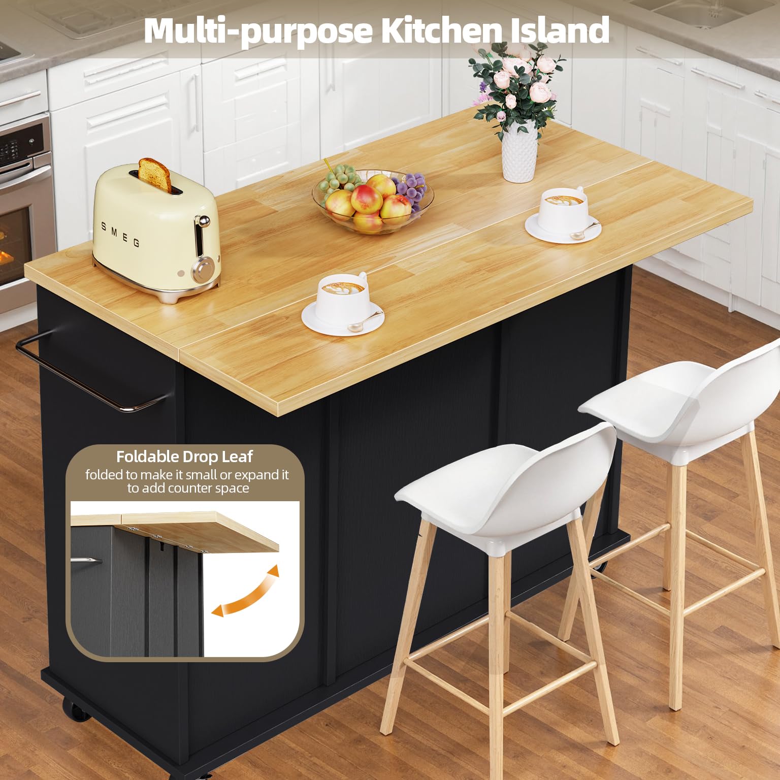 Rolling Kitchen Island Cart with Wheels and Drop Leaf