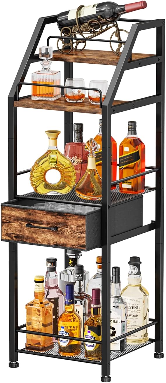 4-Tier Wine Rack with Glass Holder and Fabric Drawer