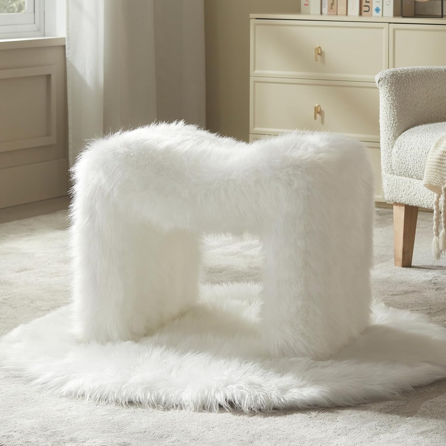 Small Footstool Ottoman Vanity Stool Set White Teddy Velvet 2-in-1