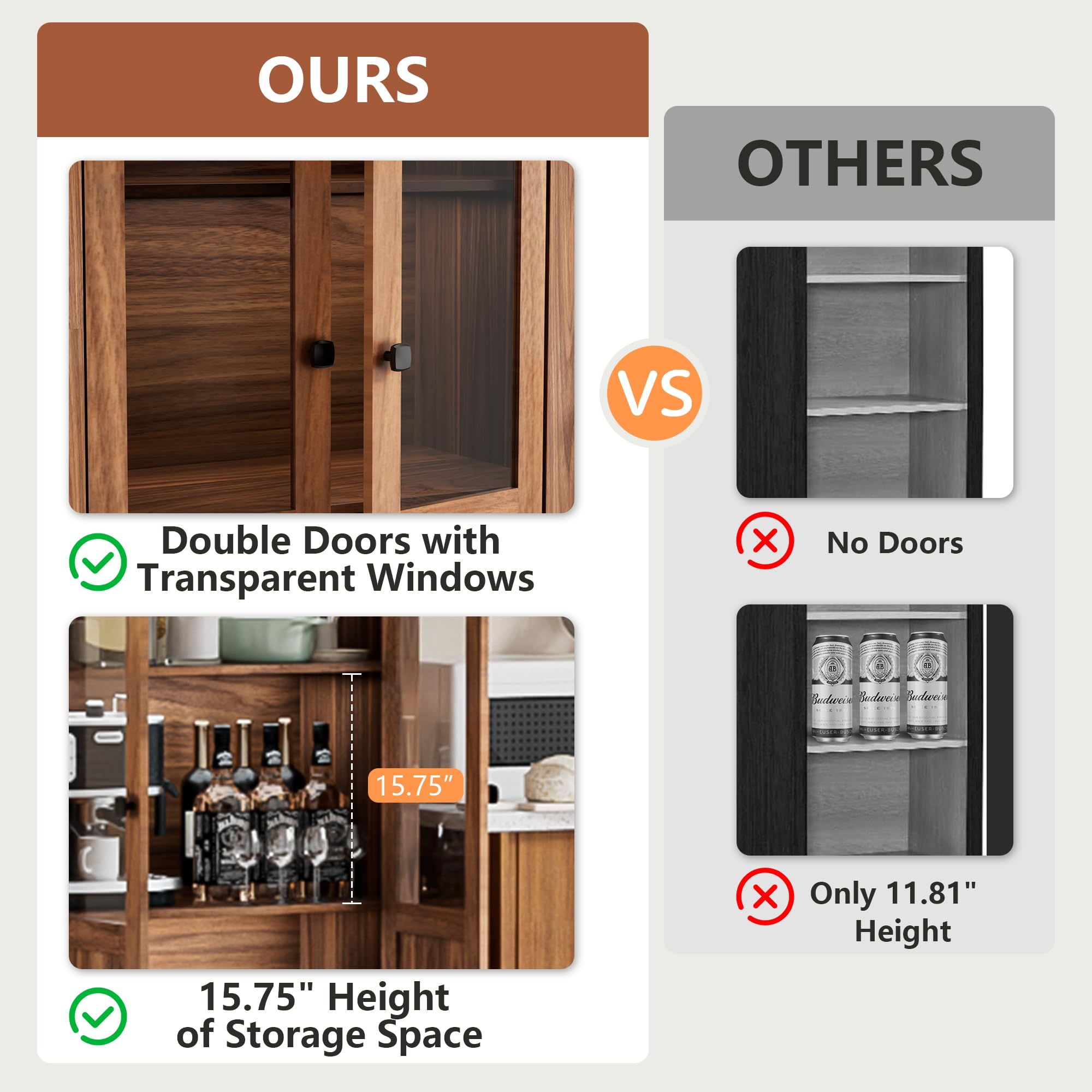 70" Arched Kitchen Pantry Cabinet with Glass Doors