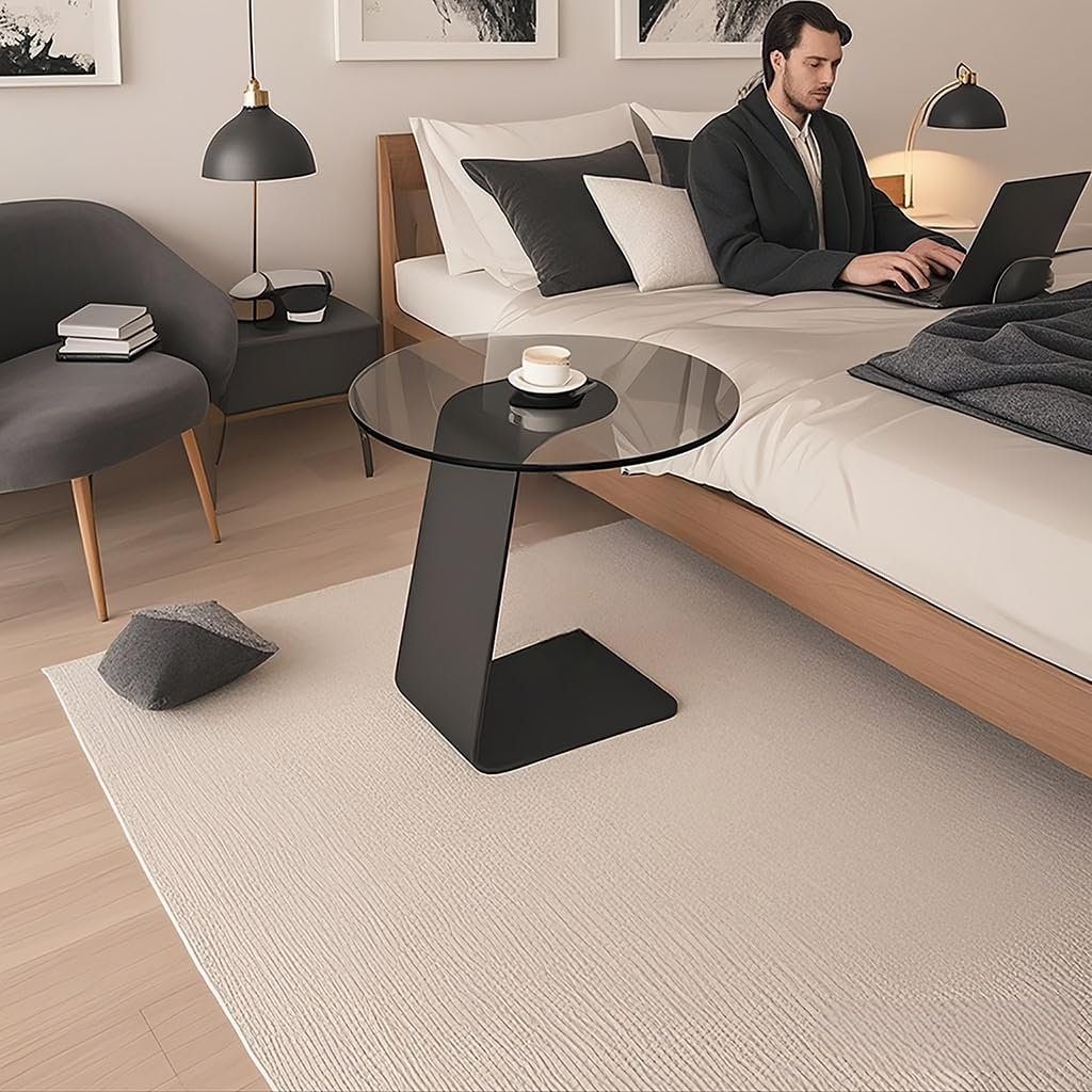 C-Shaped End Table with Tempered Glass Top