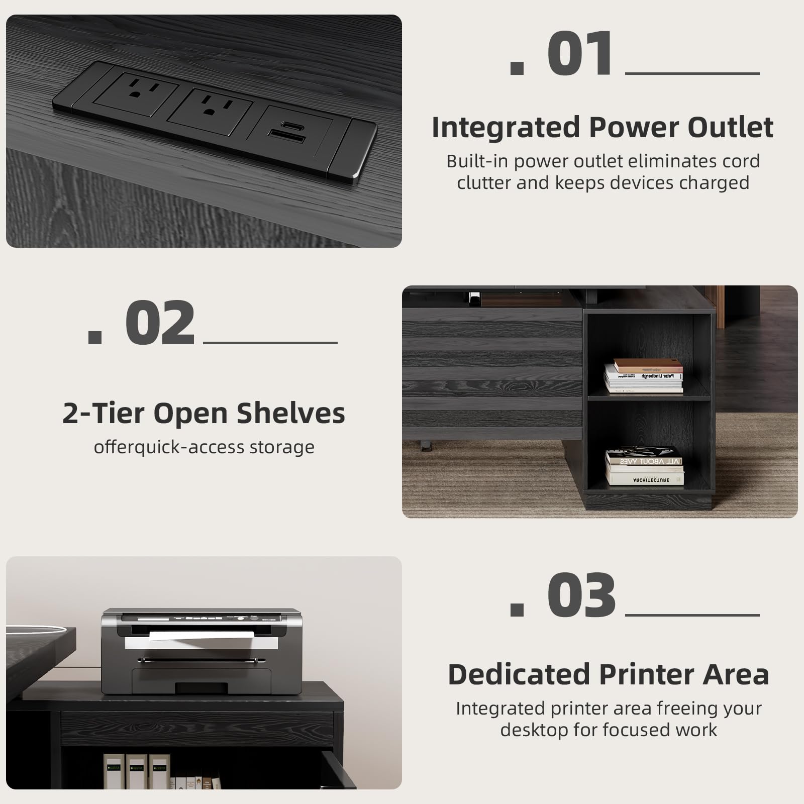 L-Shaped Desk with Drawers and Power Outlet