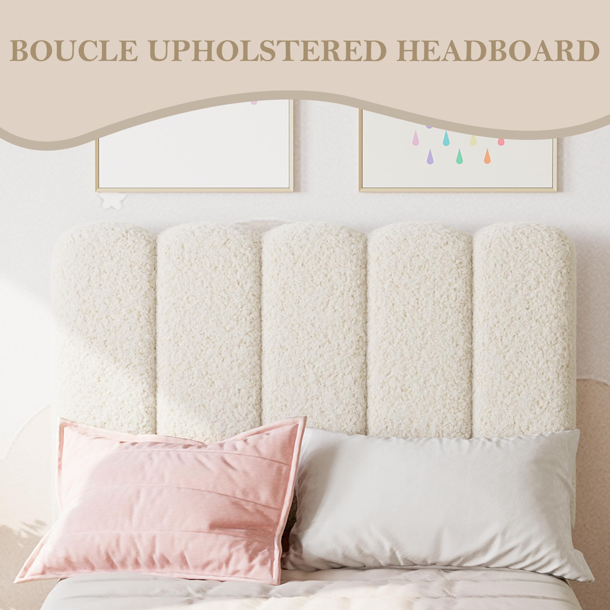 Twin Boucle Upholstered Platform Bed with Wave Headboard