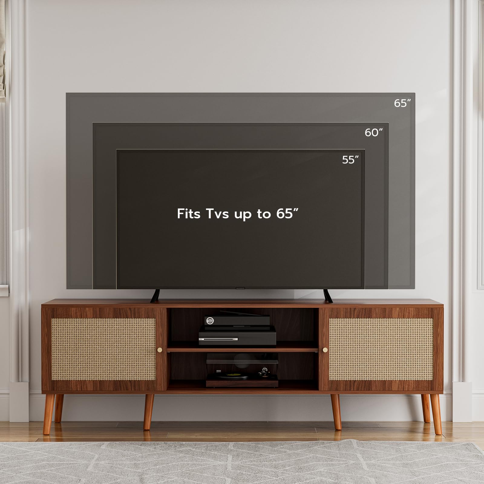 ZttRiee TV Stand for TVs up to 65'', Entertainment Center With Rattan Door, Shelves & 2 Cabinets, Long Boho Media Console for Living Room, Walnut