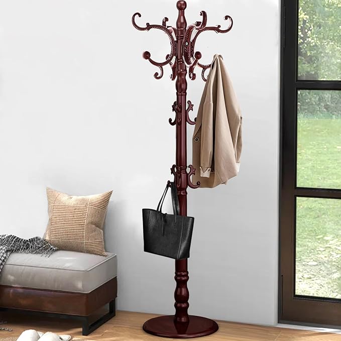 Wooden Coat Rack Stand with 14 Hooks