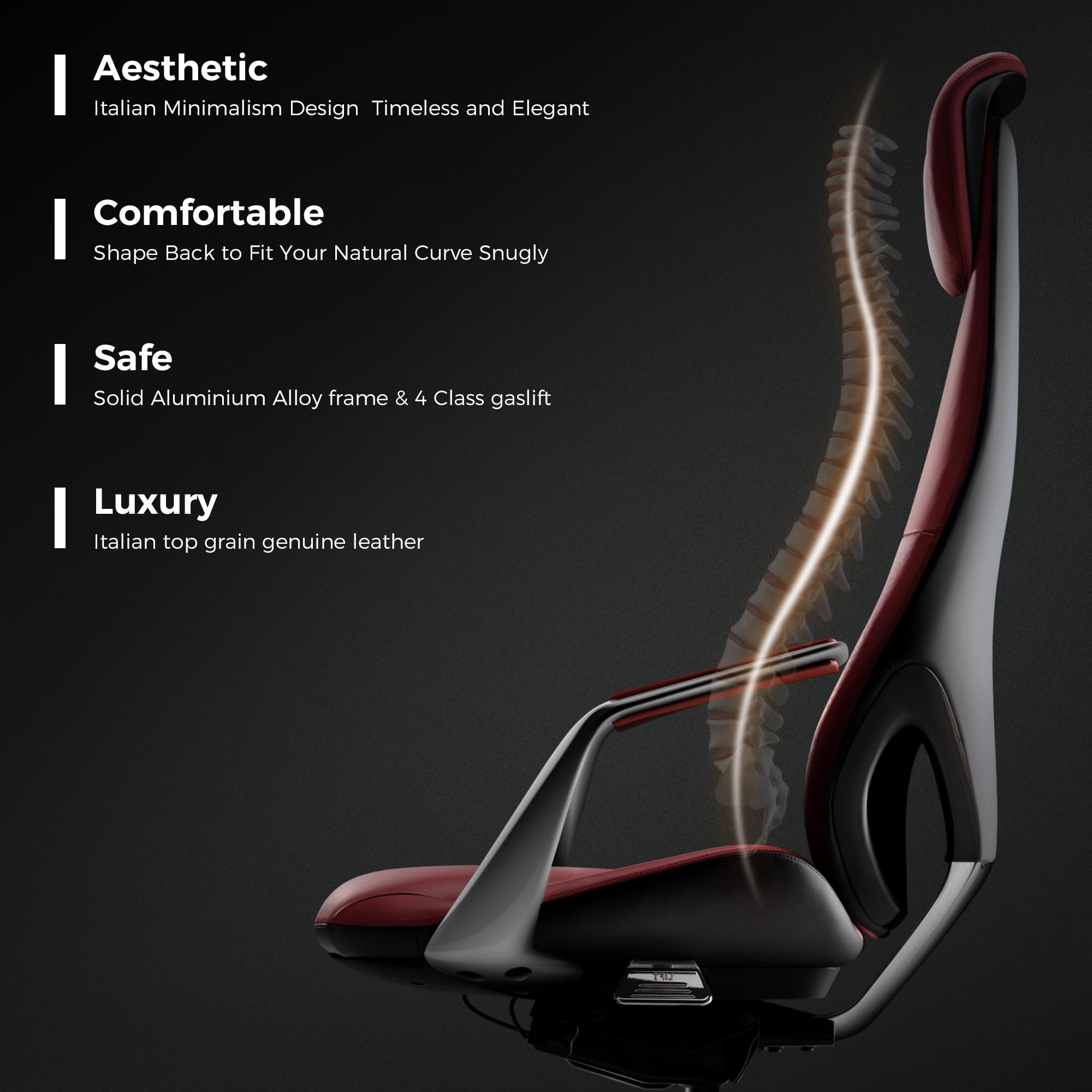 Luxury Executive Office Chair Genuine Leather High Back Ergonomic Reclining Red