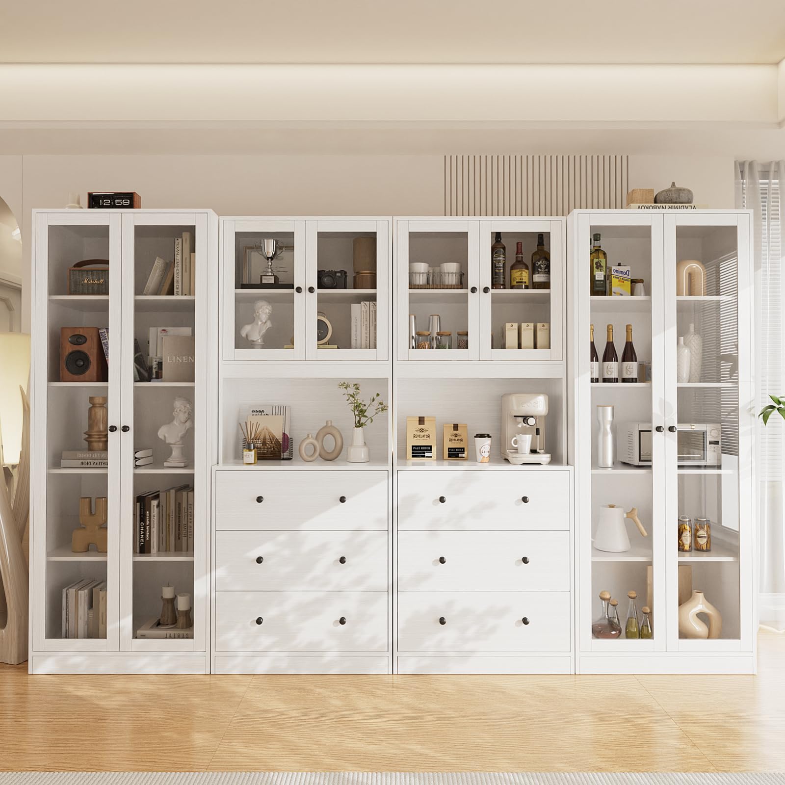5-Tier Modular Storage Cabinet with Glass Doors and Drawers