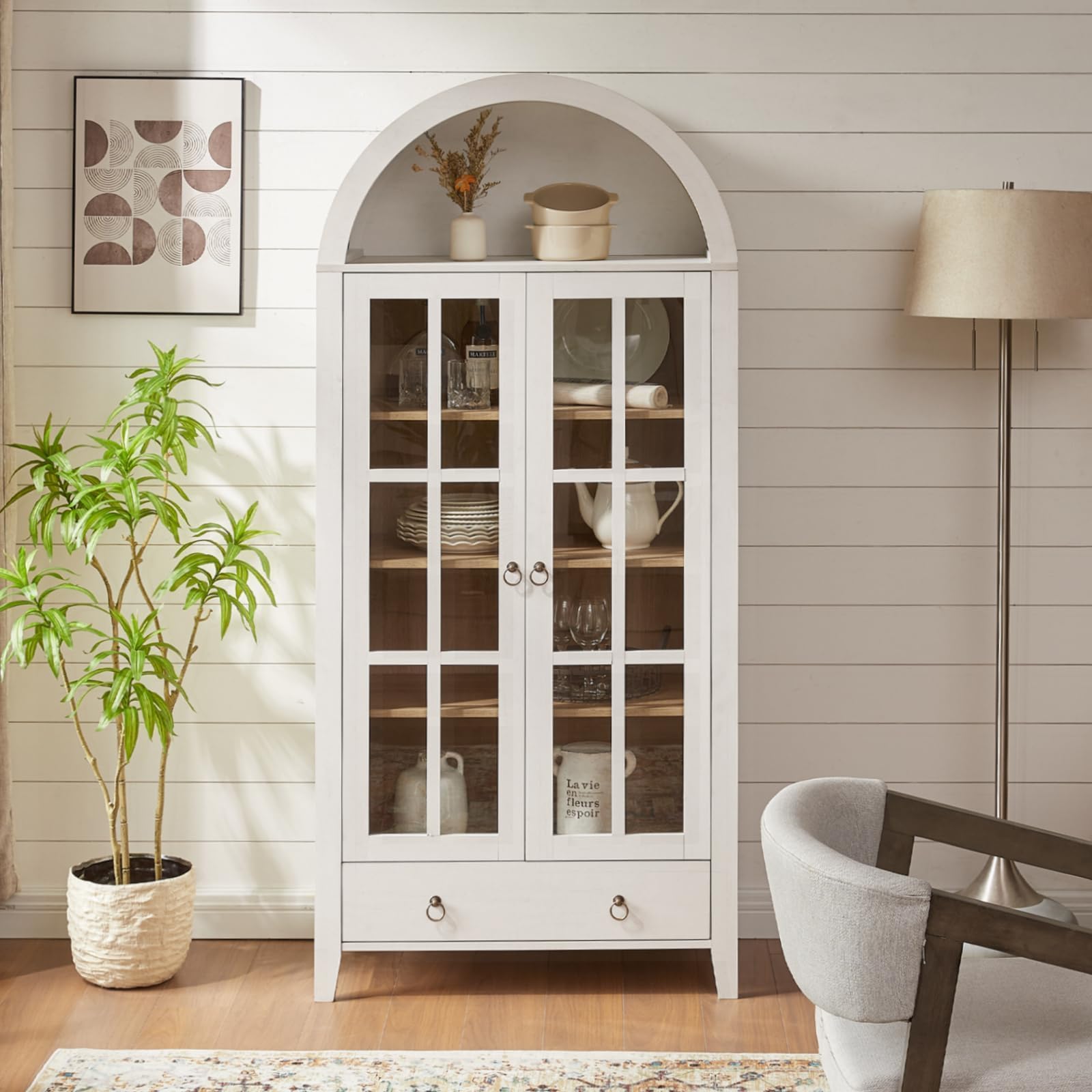 Arched Cabinet with Glass Doors and Adjustable Shelves