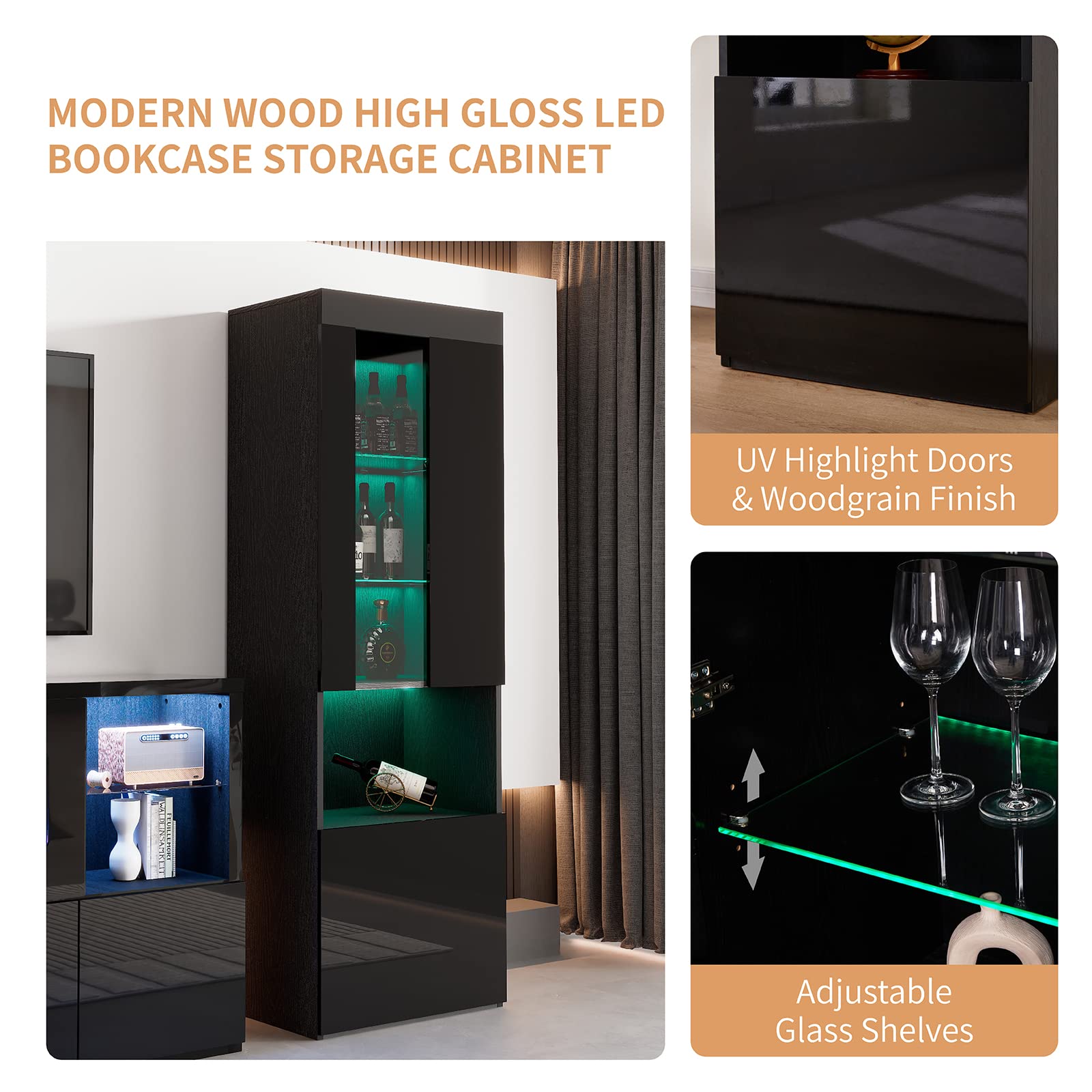 3 Piece Modern High Gloss Fireplace TV Stand & Bookcase Set