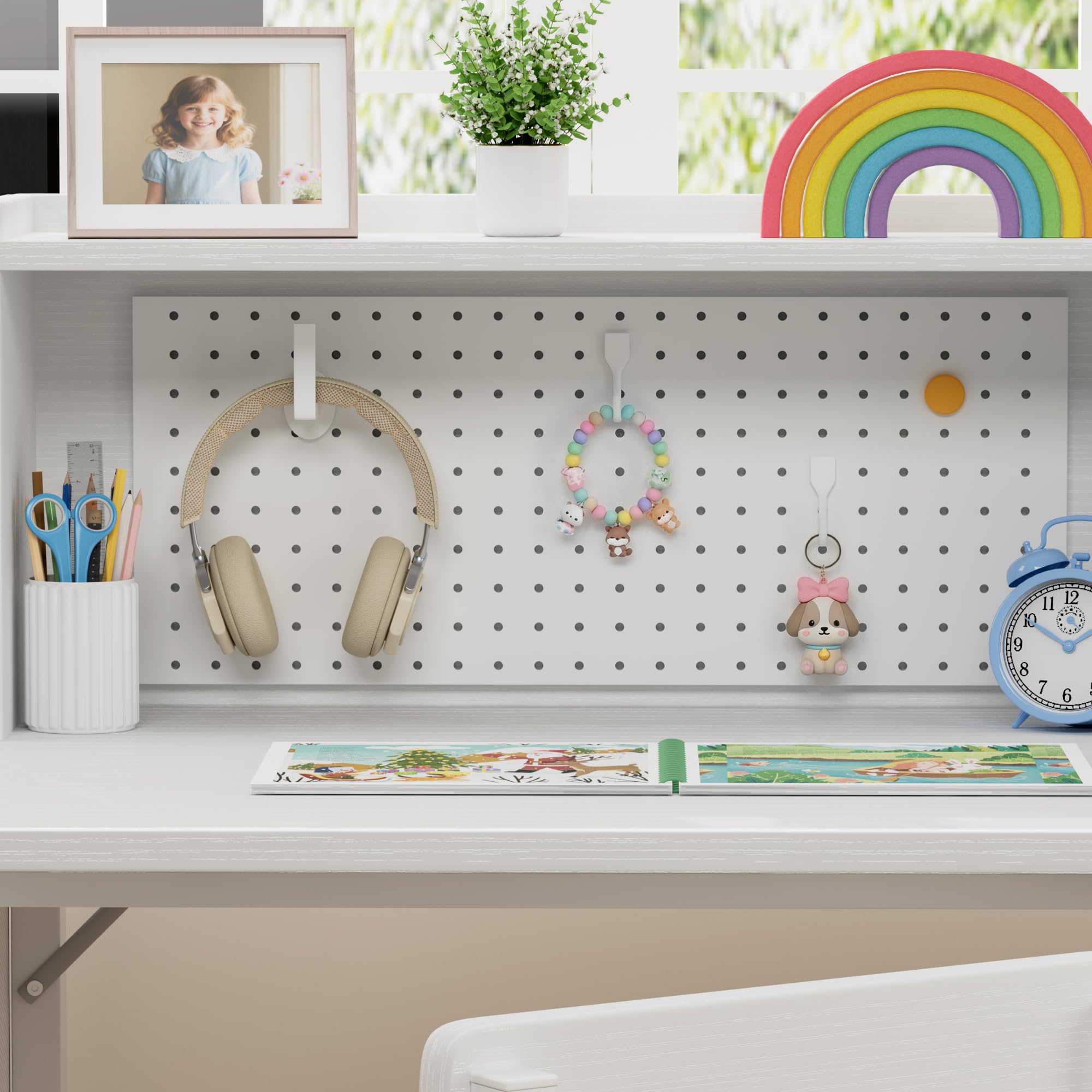 Kids Desk and Chair Set with Hutch and Pegboard