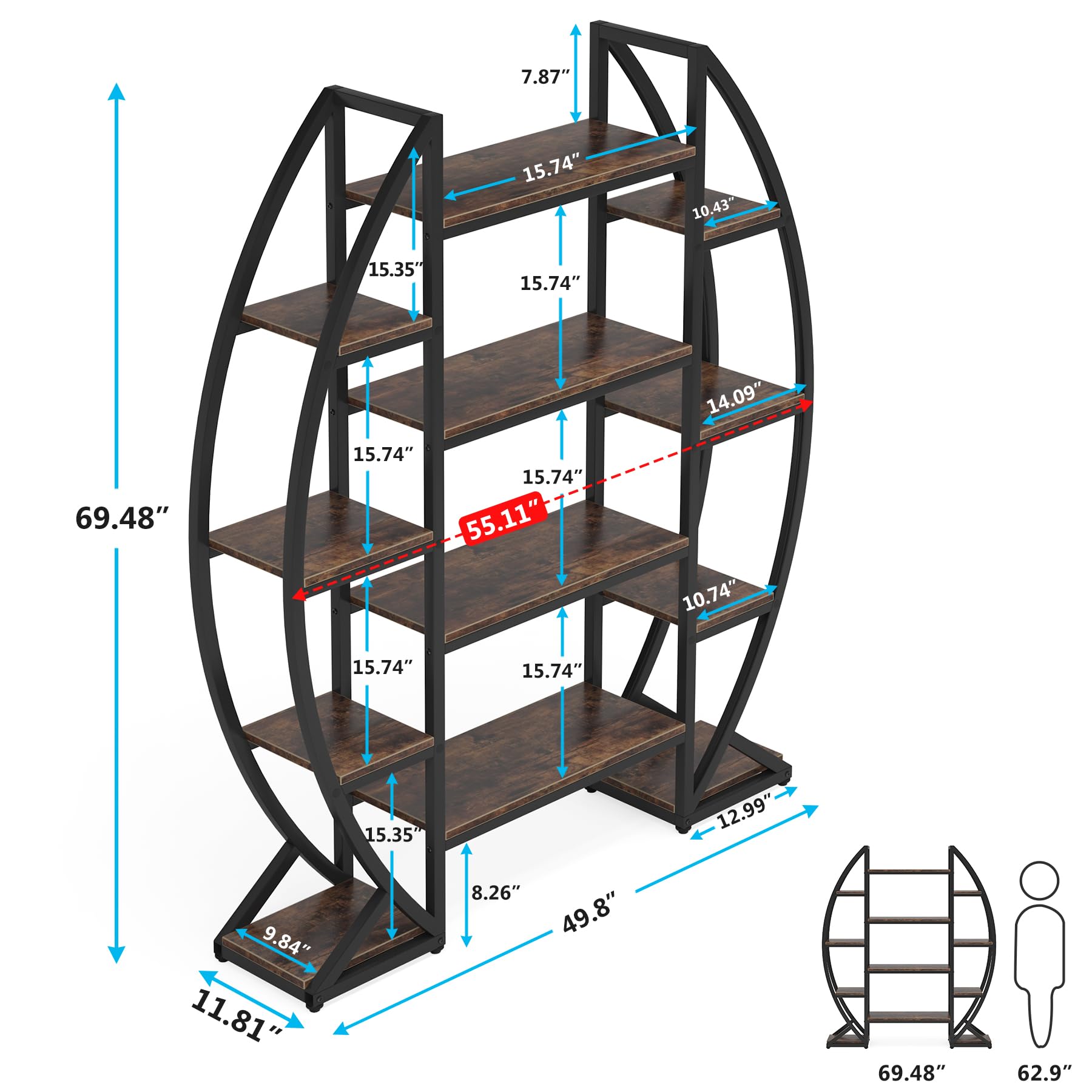 Oval Bookshelf Triple Wide 5-Tier Etagere Display