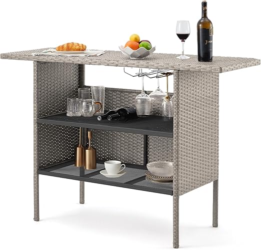 Outdoor Wicker Bar Table with Wine Glass Rack