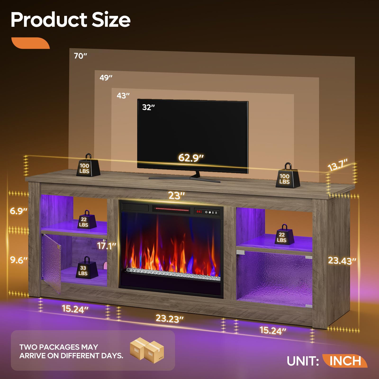 63" Fireplace TV Stand with RGB LED