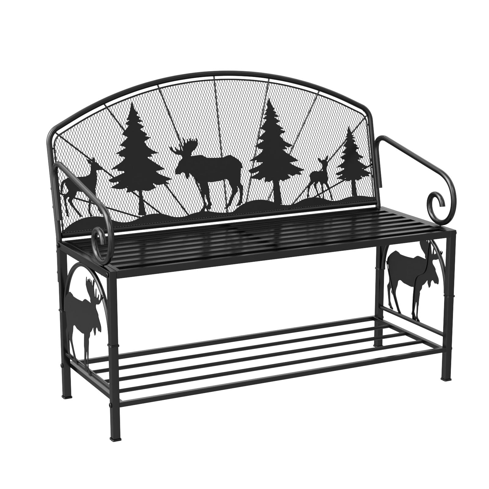 Metal Outdoor Garden Bench with Forest Pattern Backrest