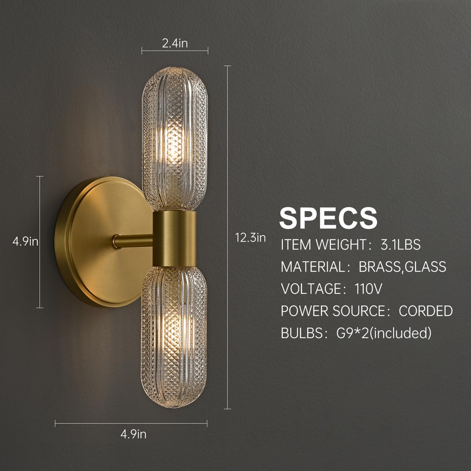 Brushed Brass Wall Sconces with Knurled Glass Shades
