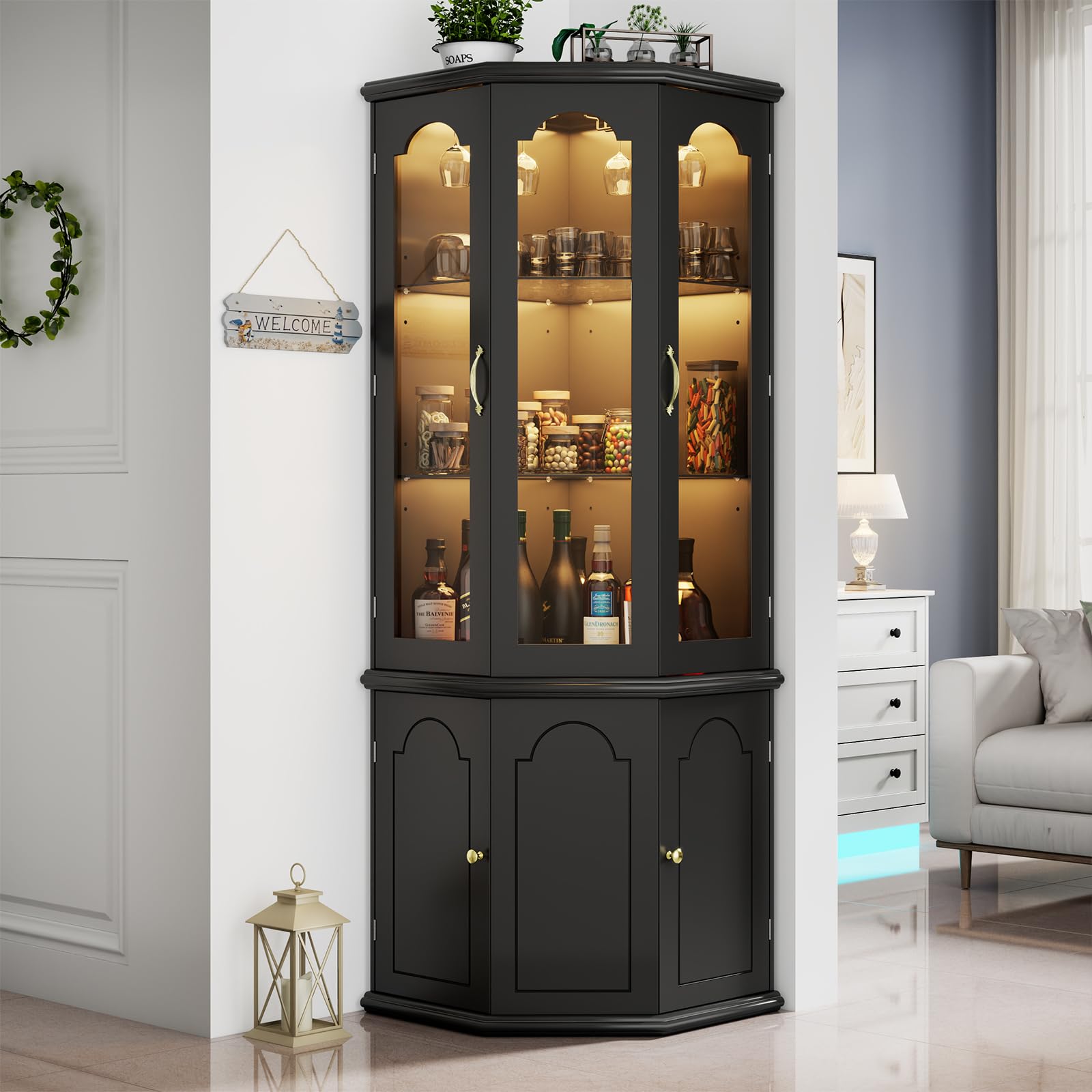 Corner Bar Cabinet with LED Lights and Tempered Glass Door