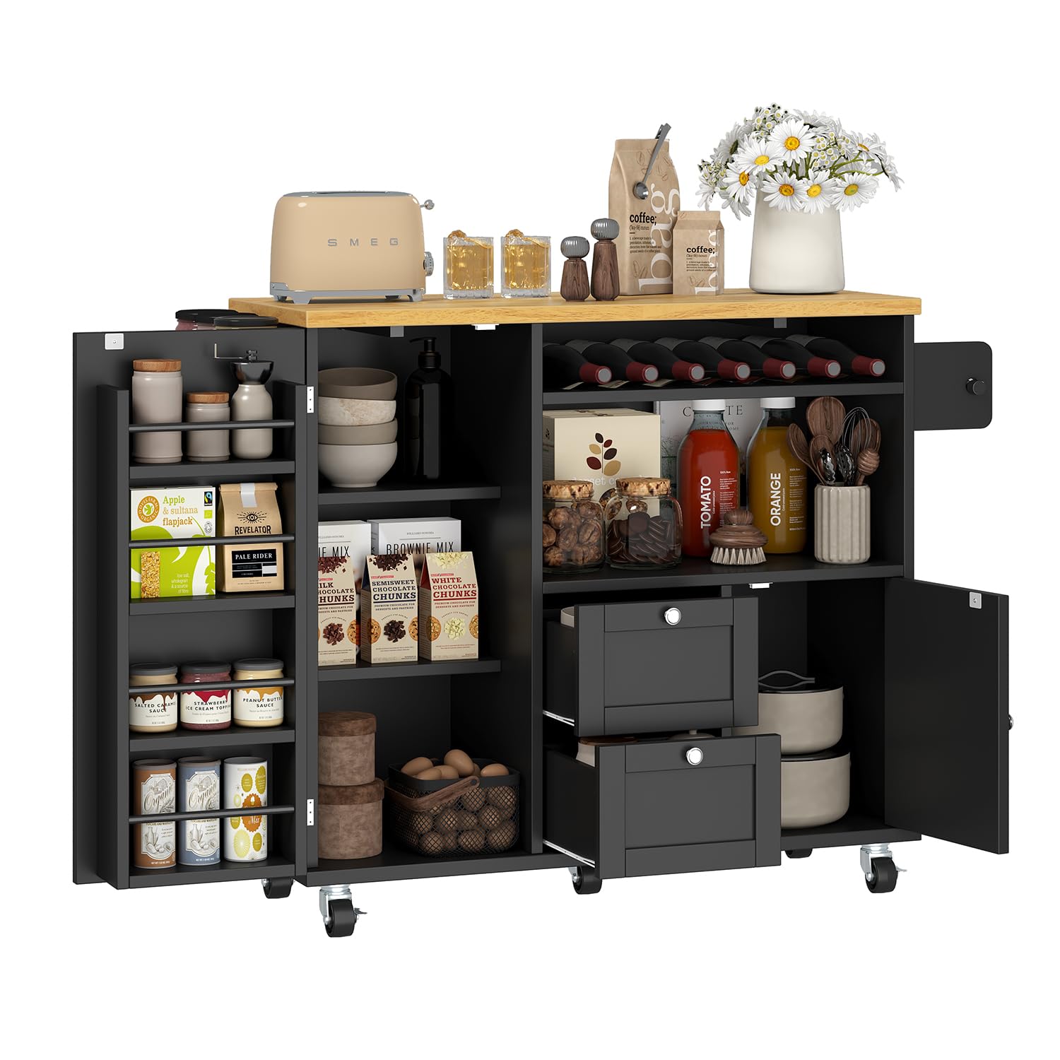 Rolling Kitchen Island with Storage Cabinet and Drop Leaf Countertop
