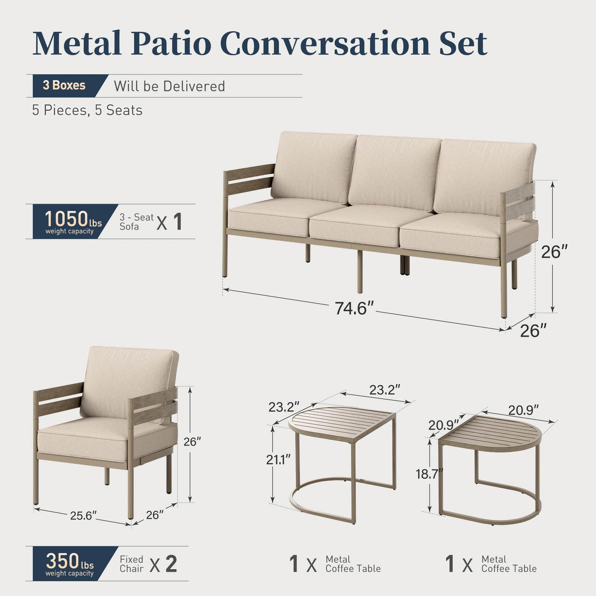 5-Piece Metal Frame Patio Conversation Set with Cushions