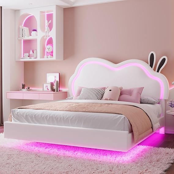 Queen Pink Upholstered Platform Bed with LED Lights
