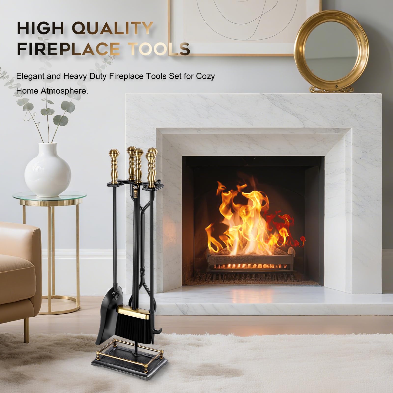 5-Piece Fireplace Tool Set with Brass Handles