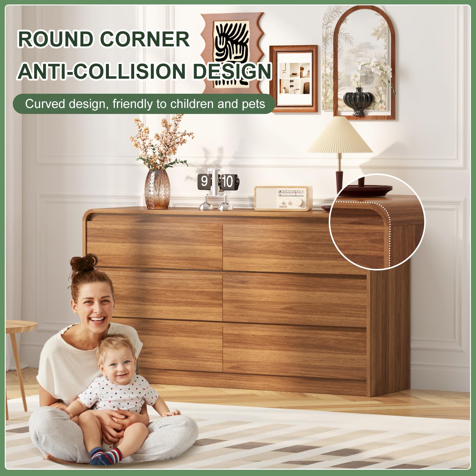 6 Drawer Wood Dresser with Natural Texture