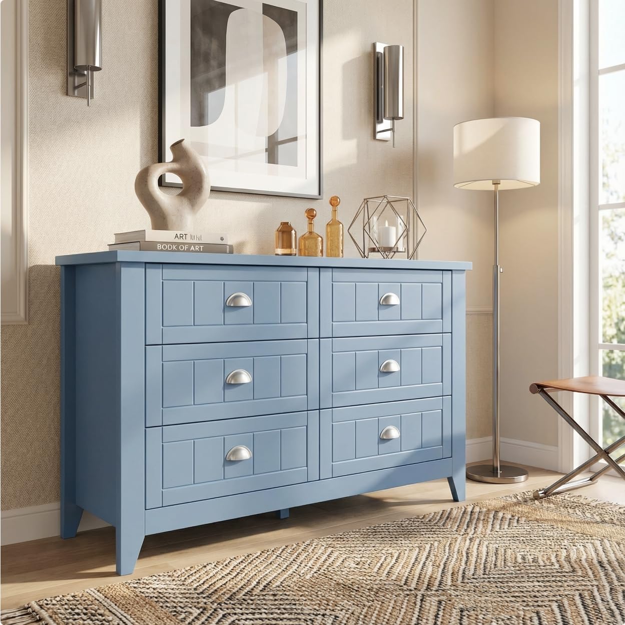 6 Drawer Dresser with Wood Top - Wide Chest of Drawers for Bedroom