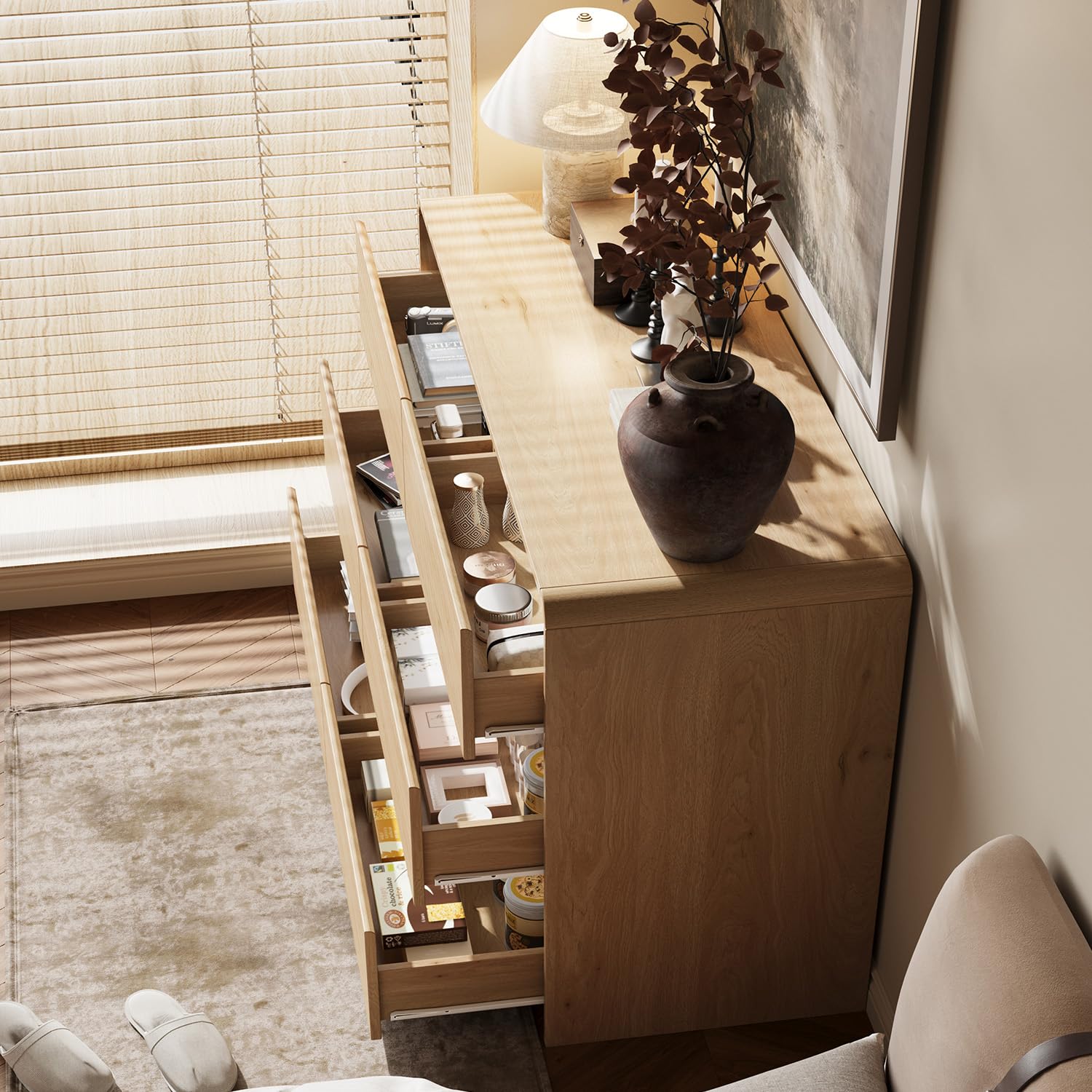 6 Drawer Dresser with Curved Edge Design 47 Inch Wide