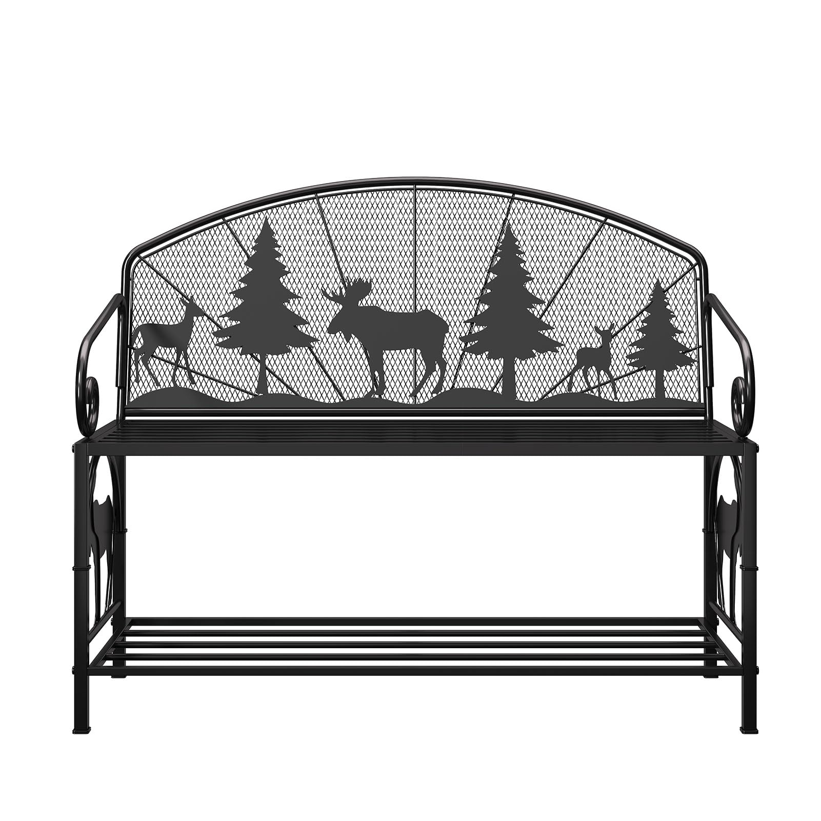 Metal Outdoor Garden Bench with Forest Pattern Backrest