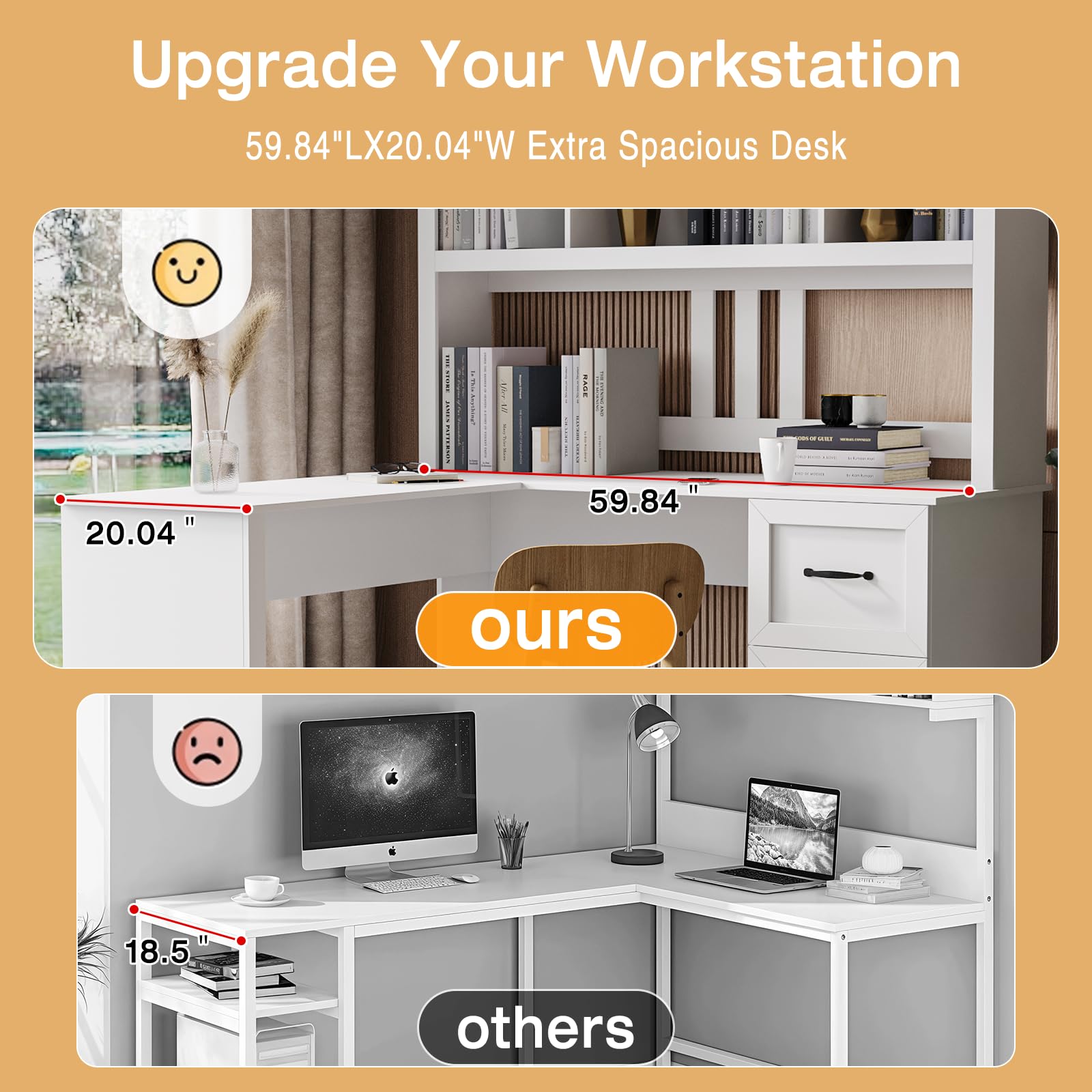 60" L-Shaped Computer Desk with Hutch and 2 Drawers