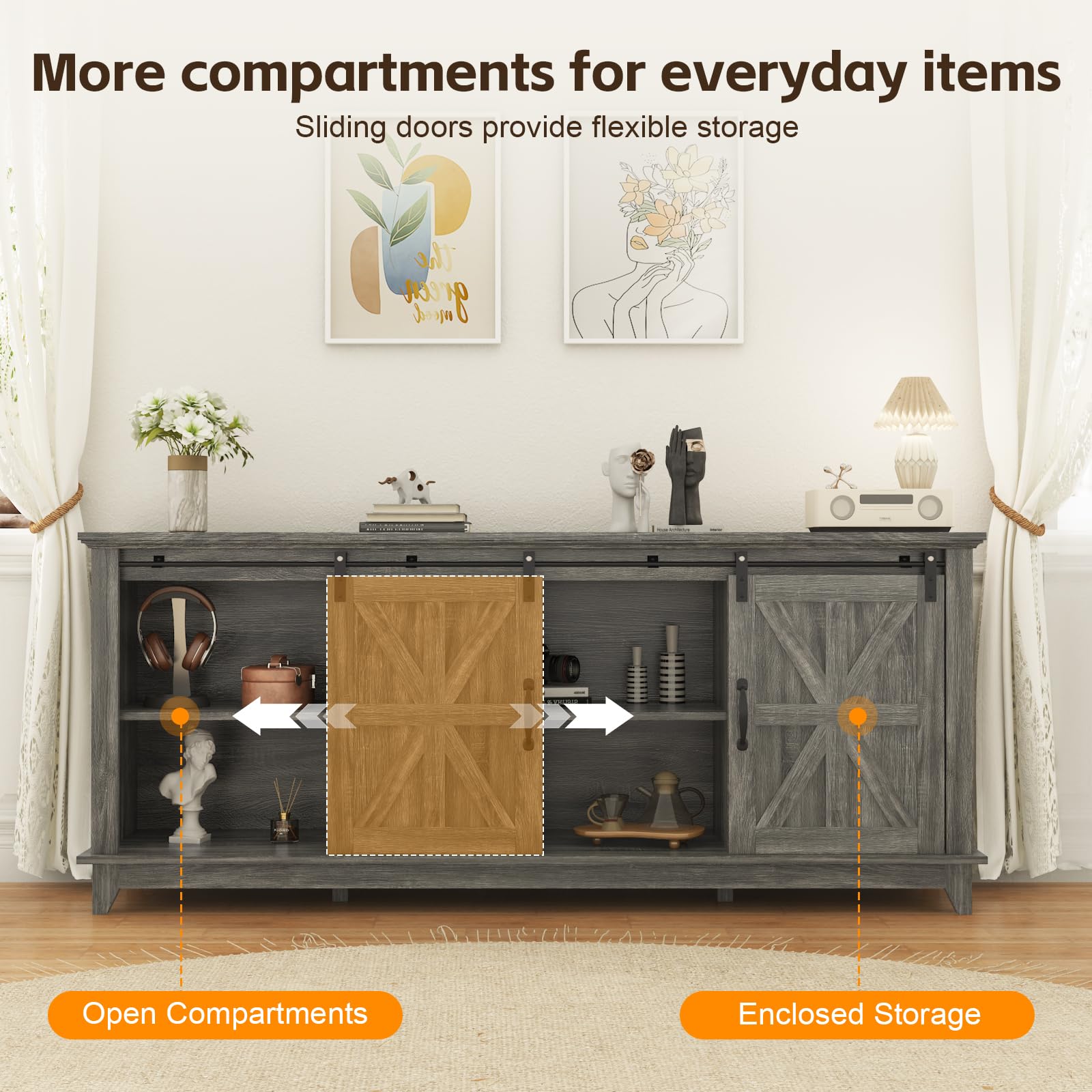 Farmhouse TV Stand for 75 Inch Television with Storage