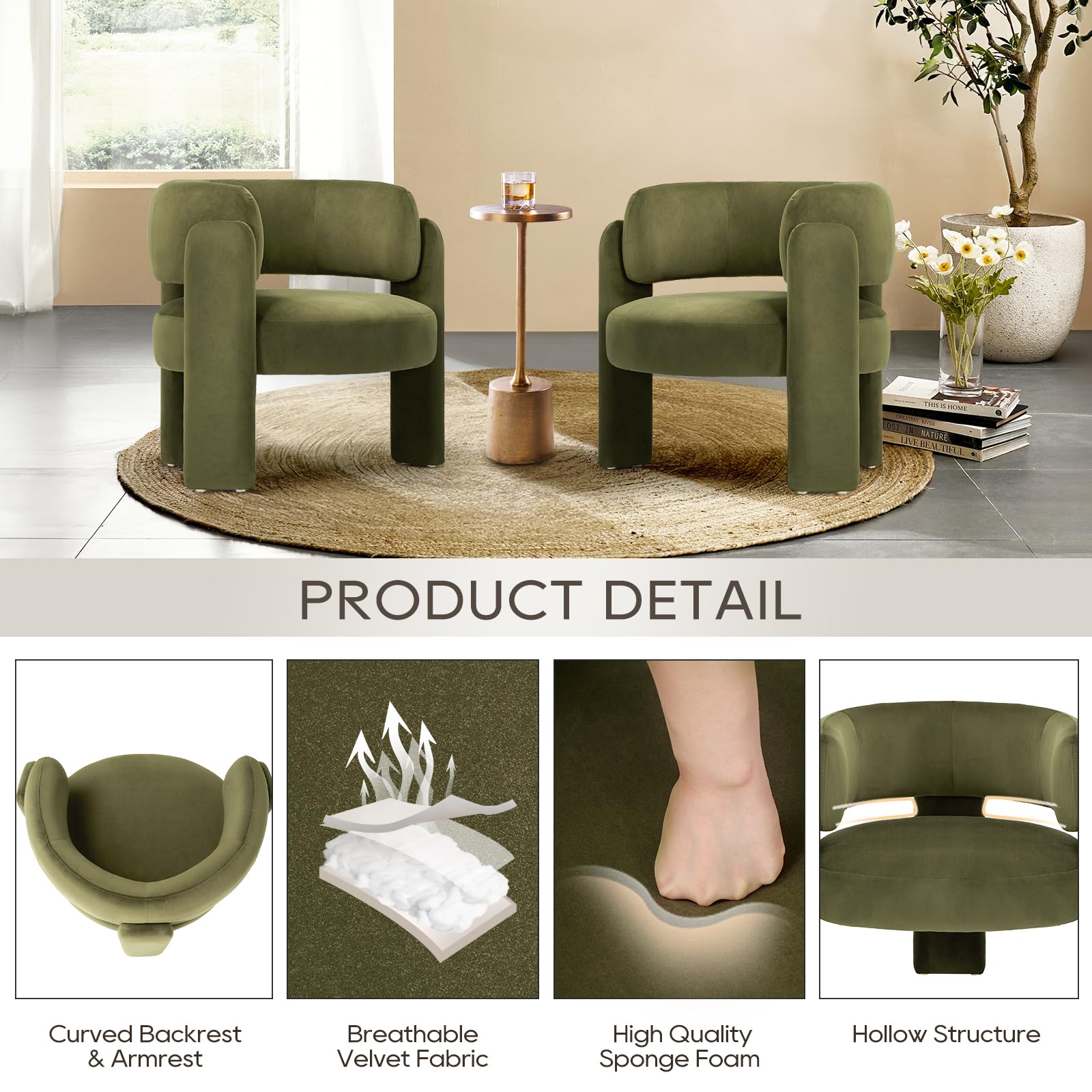 Modern Velvet Accent Chair Set of 2 with 3 Legs