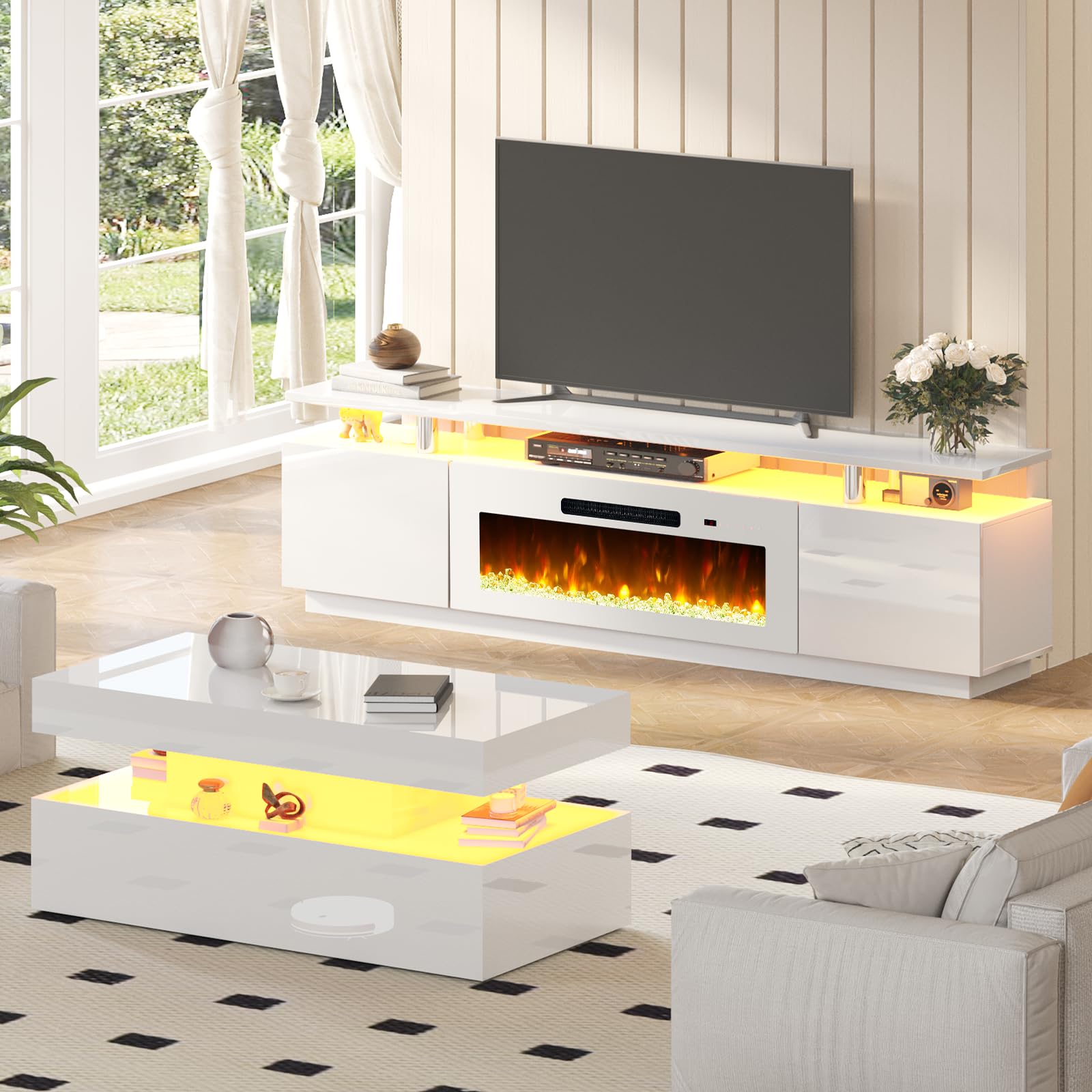 3 Piece Modern Living Room Table Set with Fireplace TV Stand