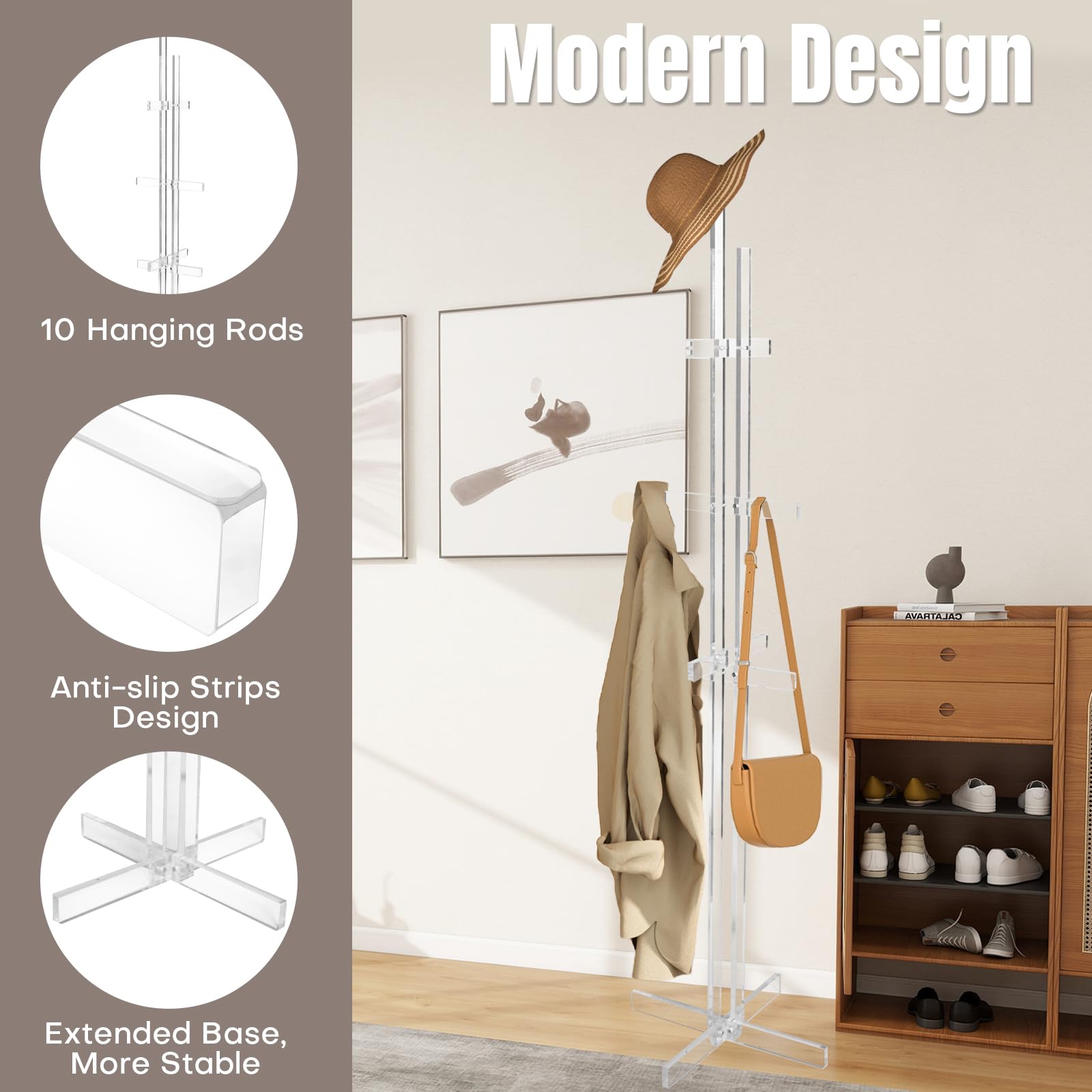 Acrylic Coat Rack with 10 Hooks Freestanding Hall Tree