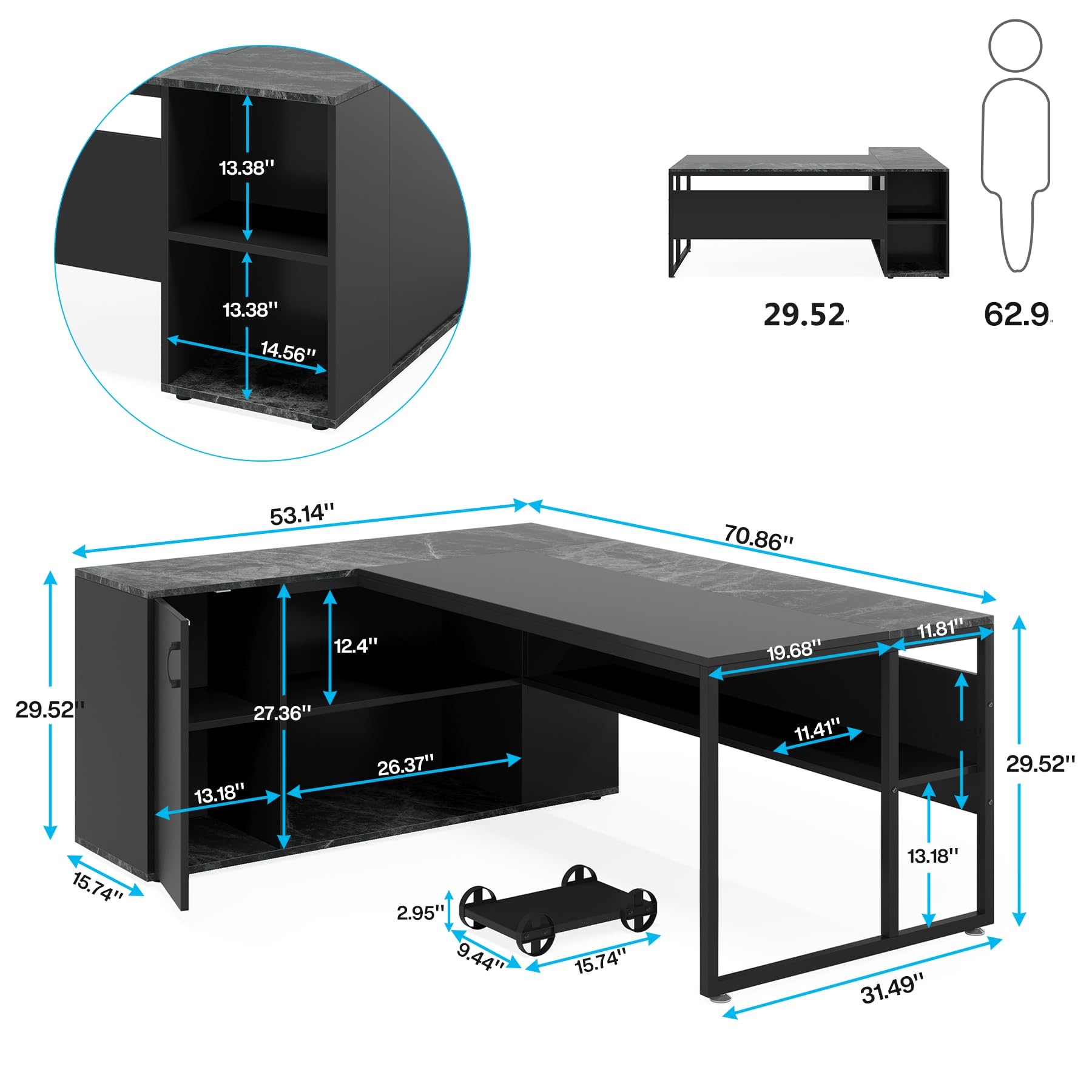 71 Inch L-Shaped Executive Desk with Cabinet Storage