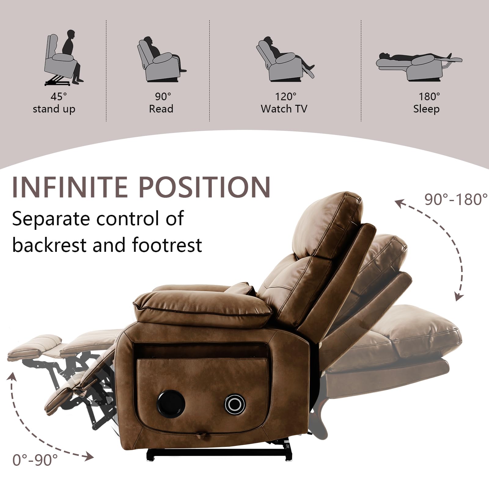 Dual Motor Power Lift Recliner Chair for Adult & Elderly, Infinite Position Lay Flat Lift Chair with Heat & Massage, Cup Holder, Lumbar Pillow, Wireless Charger, USB Ports, Leather (Ochre)