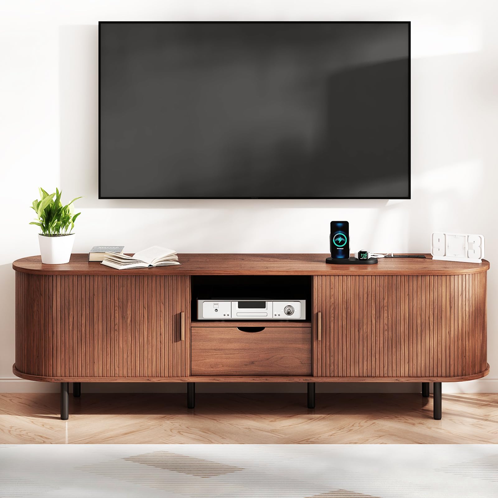 69" Mid-Century TV Stand with Power Outlet, Fluted Entertainment Center with Storage Drawer, TV Console with Sliding Door and Adjustable Shelves, TV Stand up to 80" for Living Room, Bedroom, Walnut